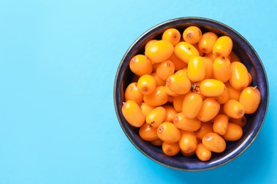 Photo of Ripe sea buckthorn berries in bowl on light blue background, top view. Space for text