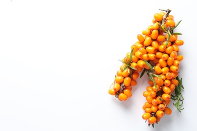 Photo of Branches with ripe sea buckthorn berries and leaves on white background, top view. Space for text