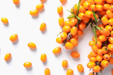 Photo of Branches with ripe sea buckthorn berries and leaves on white background, flat lay