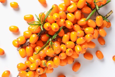 Photo of Branches with ripe sea buckthorn berries and leaves on white background, flat lay