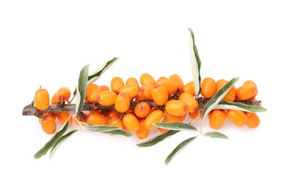 Photo of Fresh sea buckthorn berries with green leaves isolated on white, top view