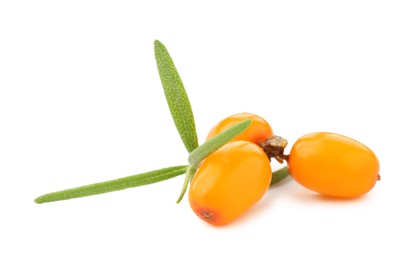 Photo of Fresh sea buckthorn berries with green leaves isolated on white