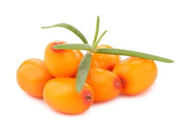 Photo of Fresh sea buckthorn berries with green leaves isolated on white