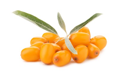 Photo of Fresh sea buckthorn berries with green leaves isolated on white