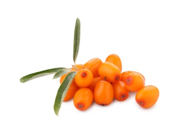 Photo of Fresh sea buckthorn berries with green leaves isolated on white
