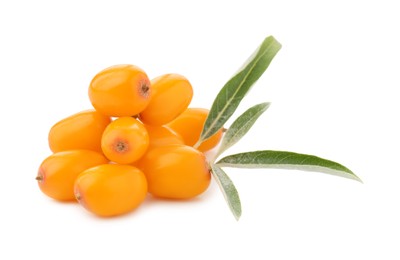 Photo of Fresh sea buckthorn berries with green leaves isolated on white