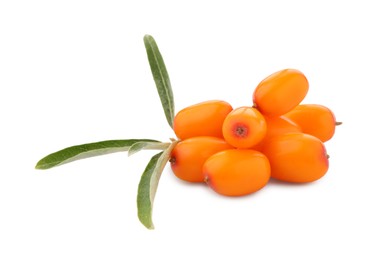 Photo of Fresh sea buckthorn berries with green leaves isolated on white
