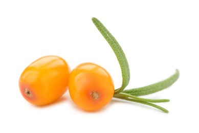 Photo of Fresh sea buckthorn berries with green leaves isolated on white