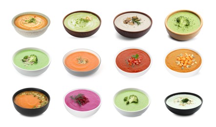 Image of Smooth and velvety food texture. Different cream soups isolated on white, set