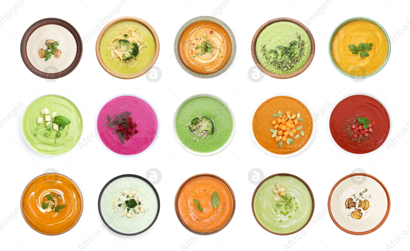 Image of Smooth and velvety food texture. Different cream soups isolated on white, set. Top view