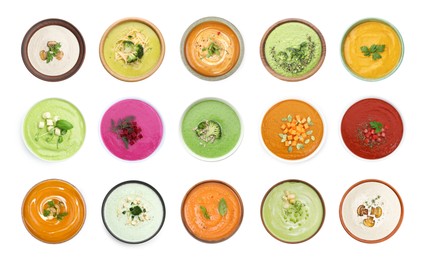 Image of Smooth and velvety food texture. Different cream soups isolated on white, set. Top view