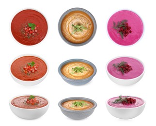 Image of Smooth and velvety food texture. Different cream soups isolated on white, set