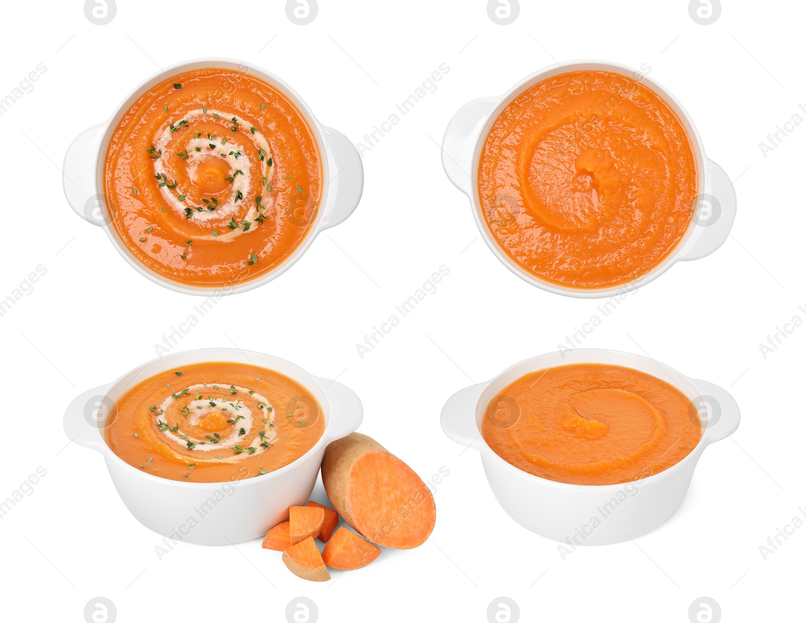 Image of Smooth and velvety food texture. Pumpkin and sweet potato cream soups isolated on white, collage