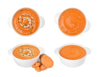 Image of Smooth and velvety food texture. Pumpkin and sweet potato cream soups isolated on white, collage