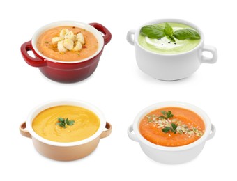 Image of Smooth and velvety food texture. Different cream soups isolated on white, set