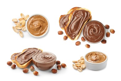 Image of Smooth and velvety food texture. Peanut butter and chocolate spread isolated on white, collage