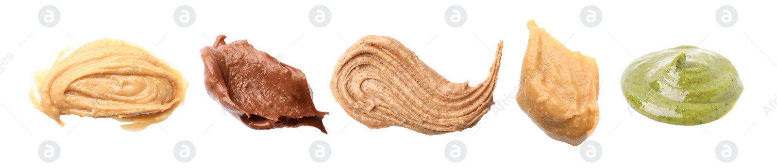 Image of Smooth and velvety food texture. Spreads of different nuts isolated on white, set