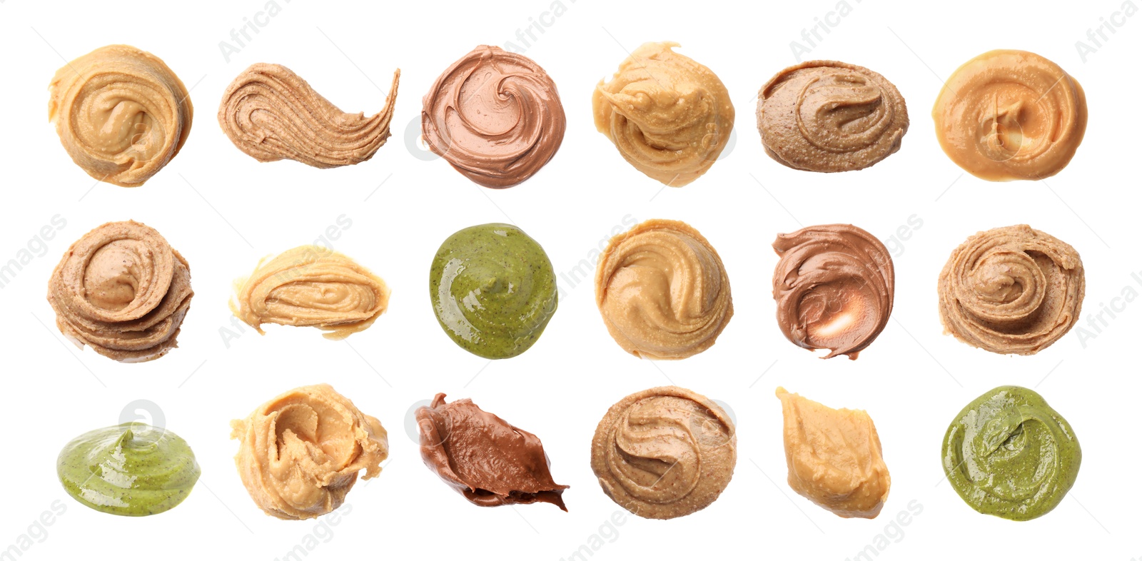 Image of Smooth and velvety food texture. Spreads of different nuts isolated on white, set