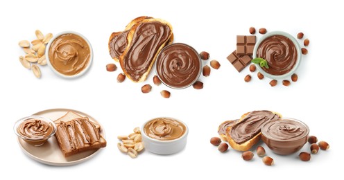 Image of Smooth and velvety food texture. Peanut butter and chocolate spread isolated on white, set