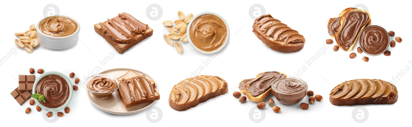 Image of Smooth and velvety food texture. Peanut butter and chocolate spread isolated on white, set