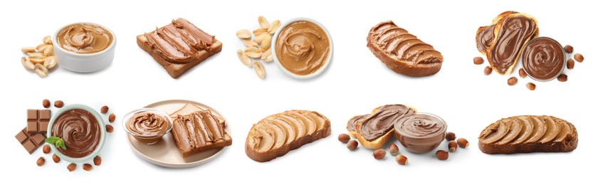 Image of Smooth and velvety food texture. Peanut butter and chocolate spread isolated on white, set