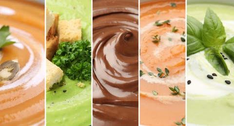 Image of Smooth and velvety food texture. Cream soups and chocolate spread, collage