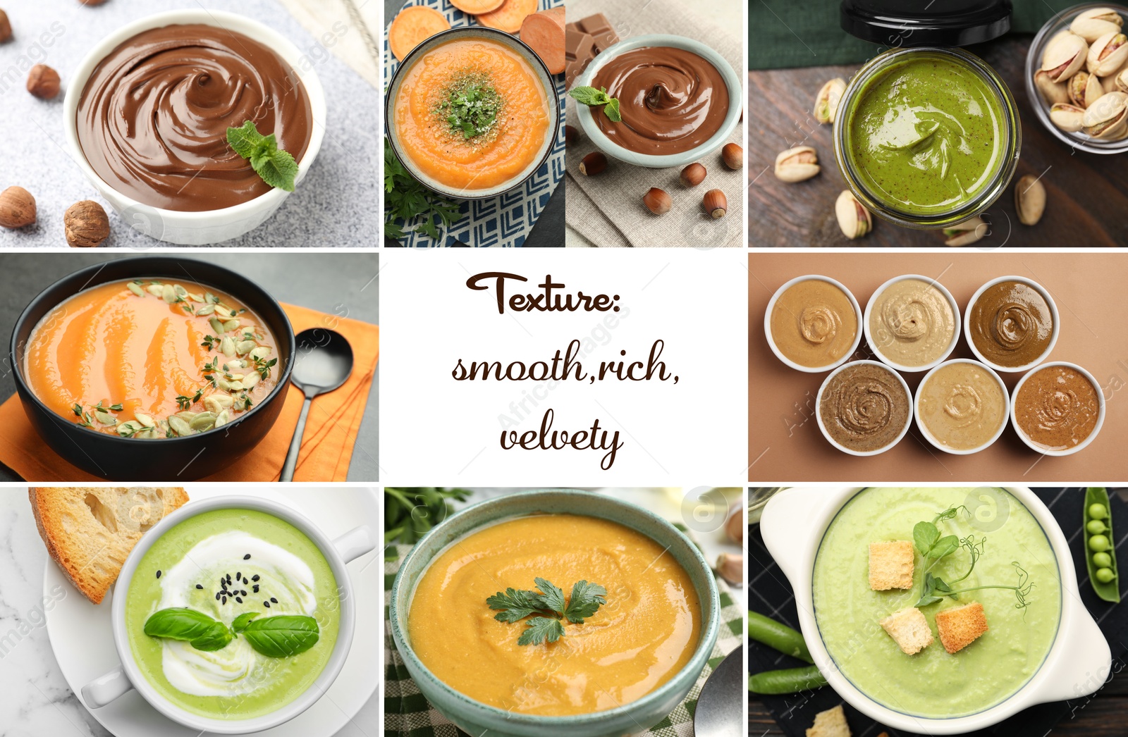 Image of Smooth and velvety food texture. Cream soups and nut spreads, collage