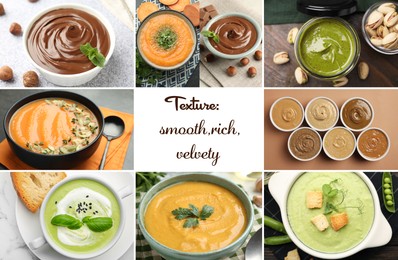 Image of Smooth and velvety food texture. Cream soups and nut spreads, collage