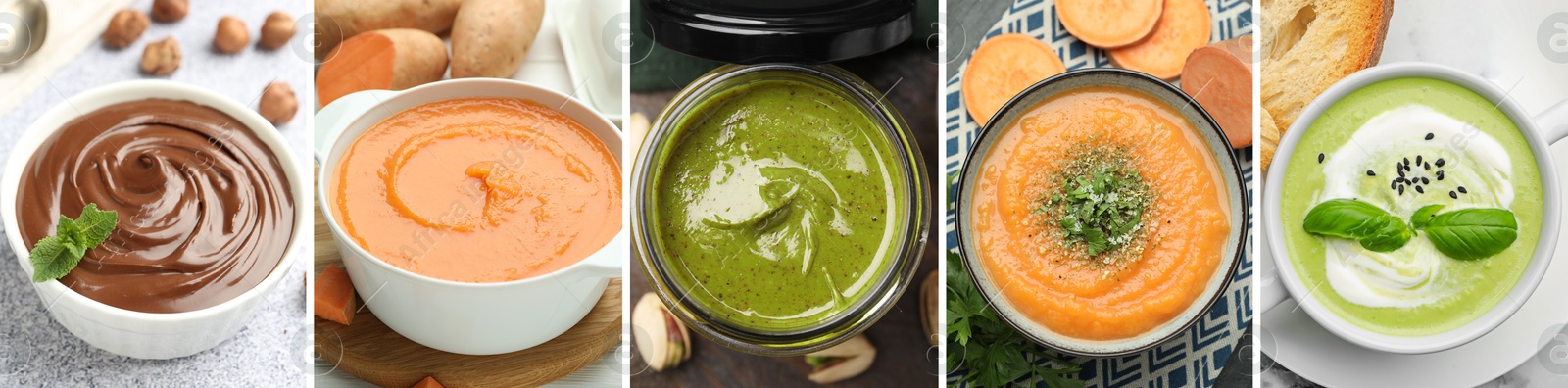 Image of Smooth and velvety food texture. Cream soups and nut spreads, collage