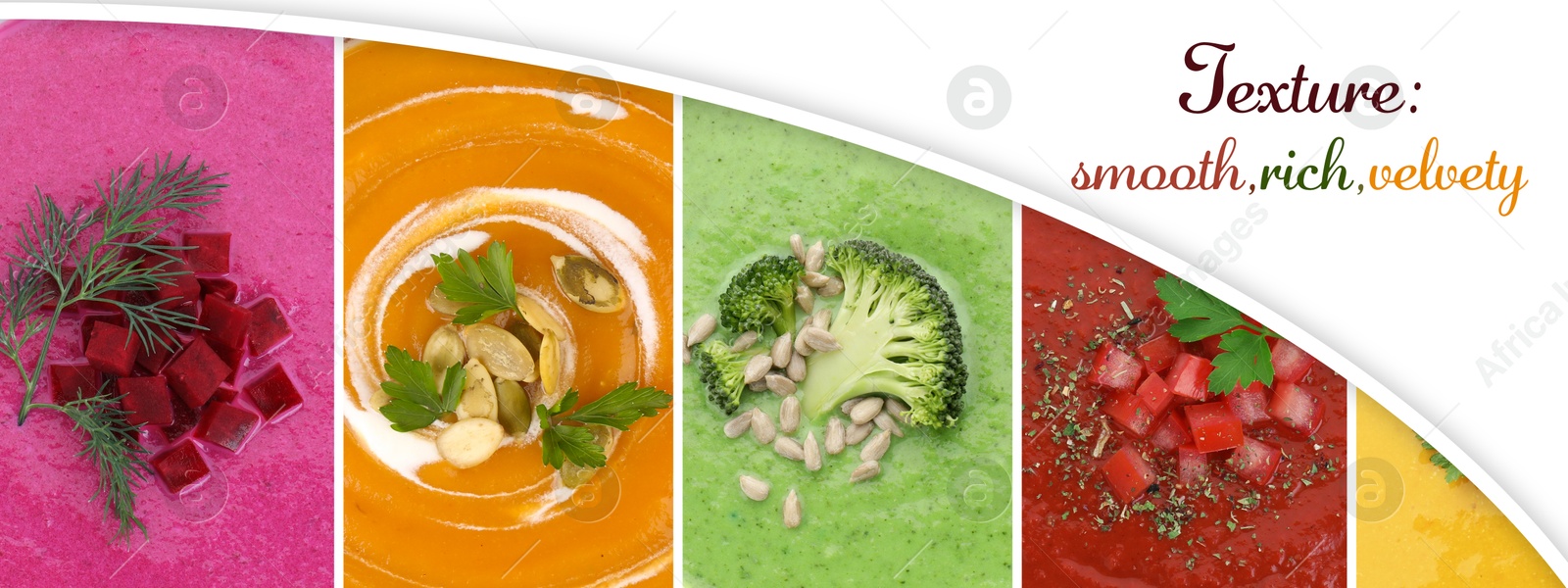 Image of Smooth and velvety food texture. Different cream soups, collage