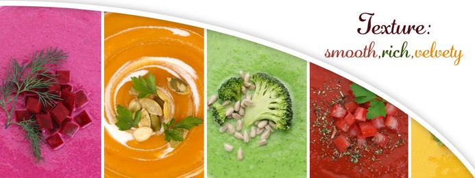 Image of Smooth and velvety food texture. Different cream soups, collage