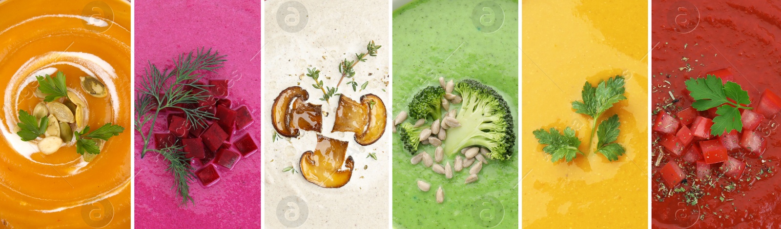 Image of Smooth and velvety food texture. Different cream soups, collage