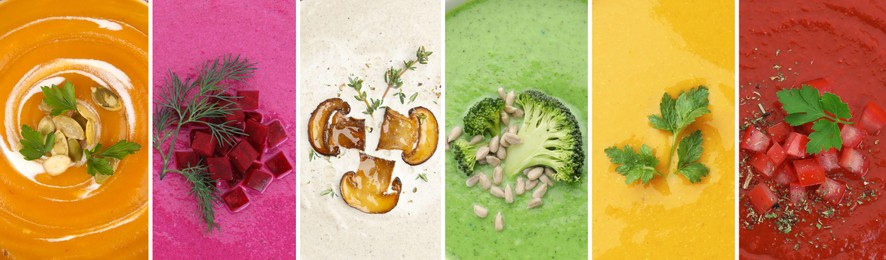 Image of Smooth and velvety food texture. Different cream soups, collage