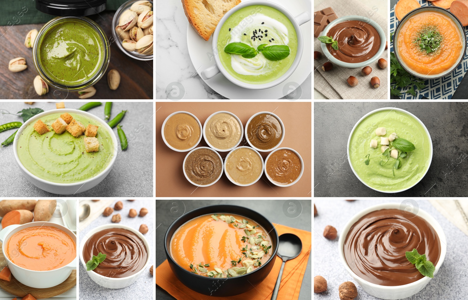 Image of Smooth and velvety food texture. Cream soups and nut spreads, collage