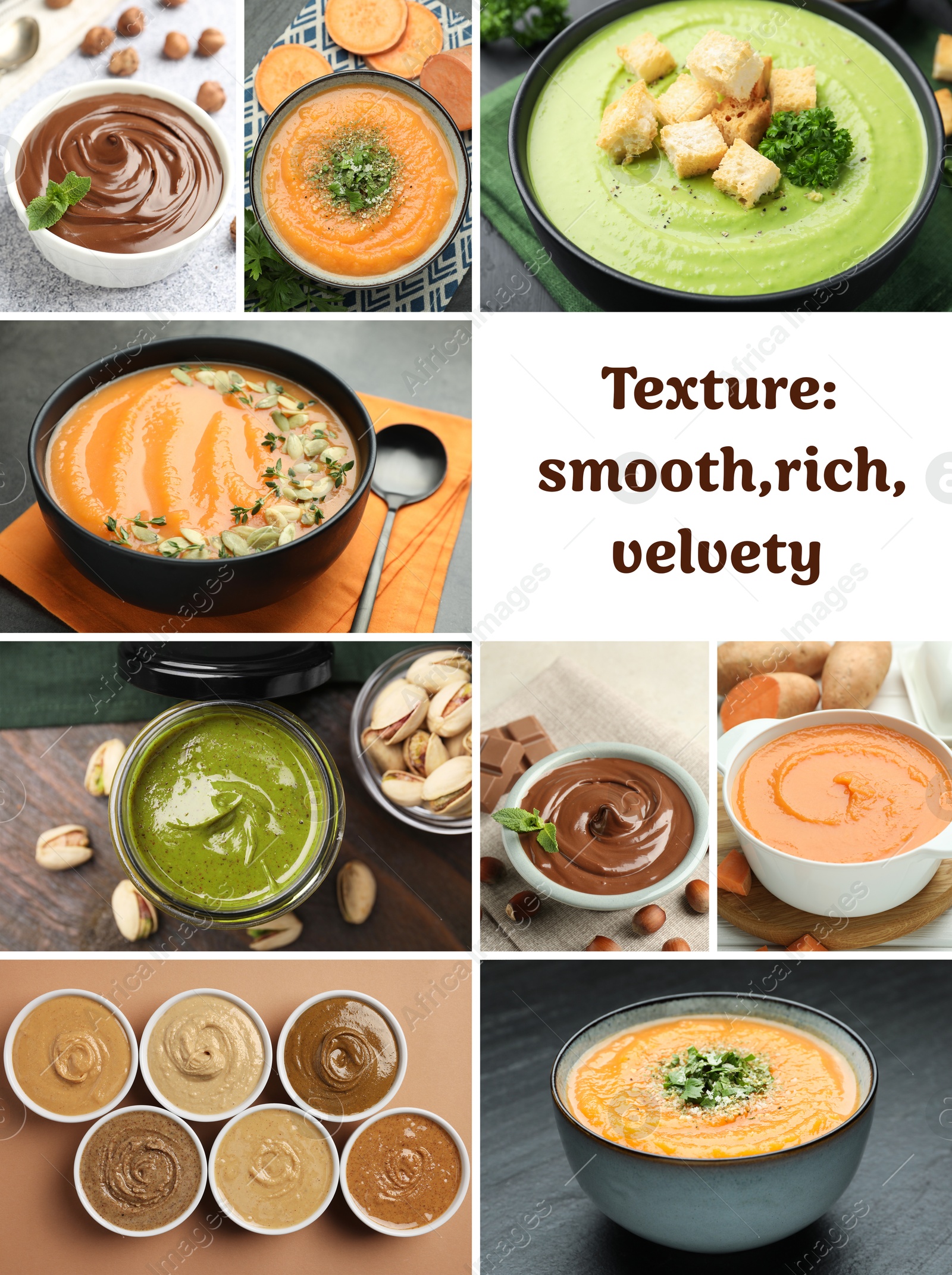 Image of Smooth and velvety food texture. Cream soups and nut spreads, collage