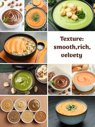 Image of Smooth and velvety food texture. Cream soups and nut spreads, collage