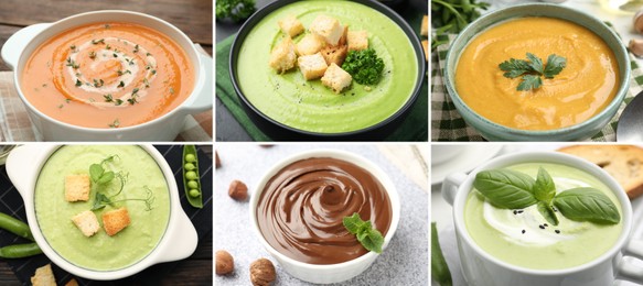 Image of Smooth and velvety food texture. Cream soups and chocolate spread, collage