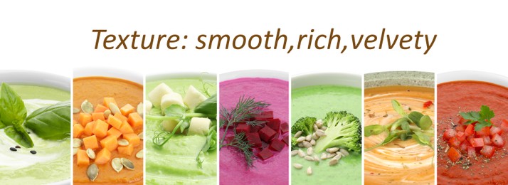 Image of Smooth and velvety food texture. Different cream soups, collage