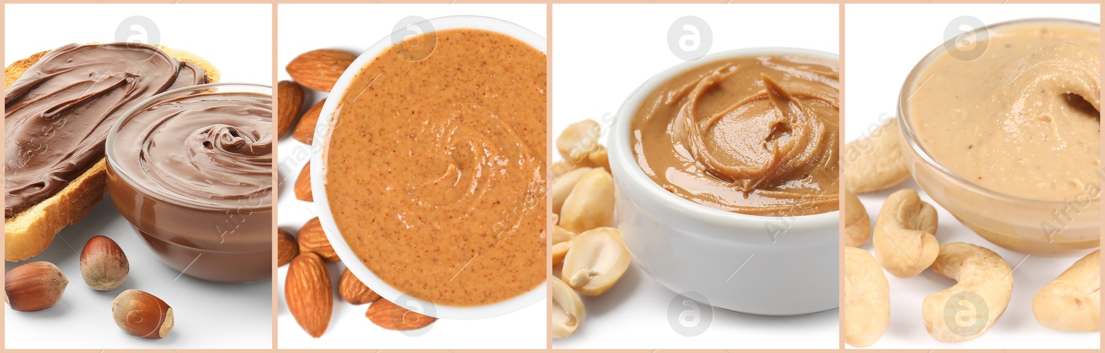 Image of Smooth and velvety food texture. Different nut spreads, collage