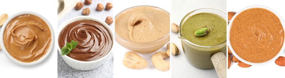 Image of Smooth and velvety food texture. Different nut spreads, collage