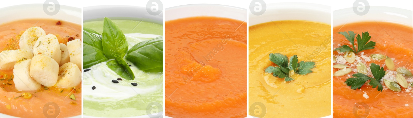 Image of Smooth and velvety food texture. Different cream soups, collage