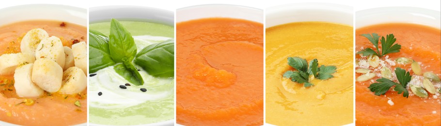 Image of Smooth and velvety food texture. Different cream soups, collage