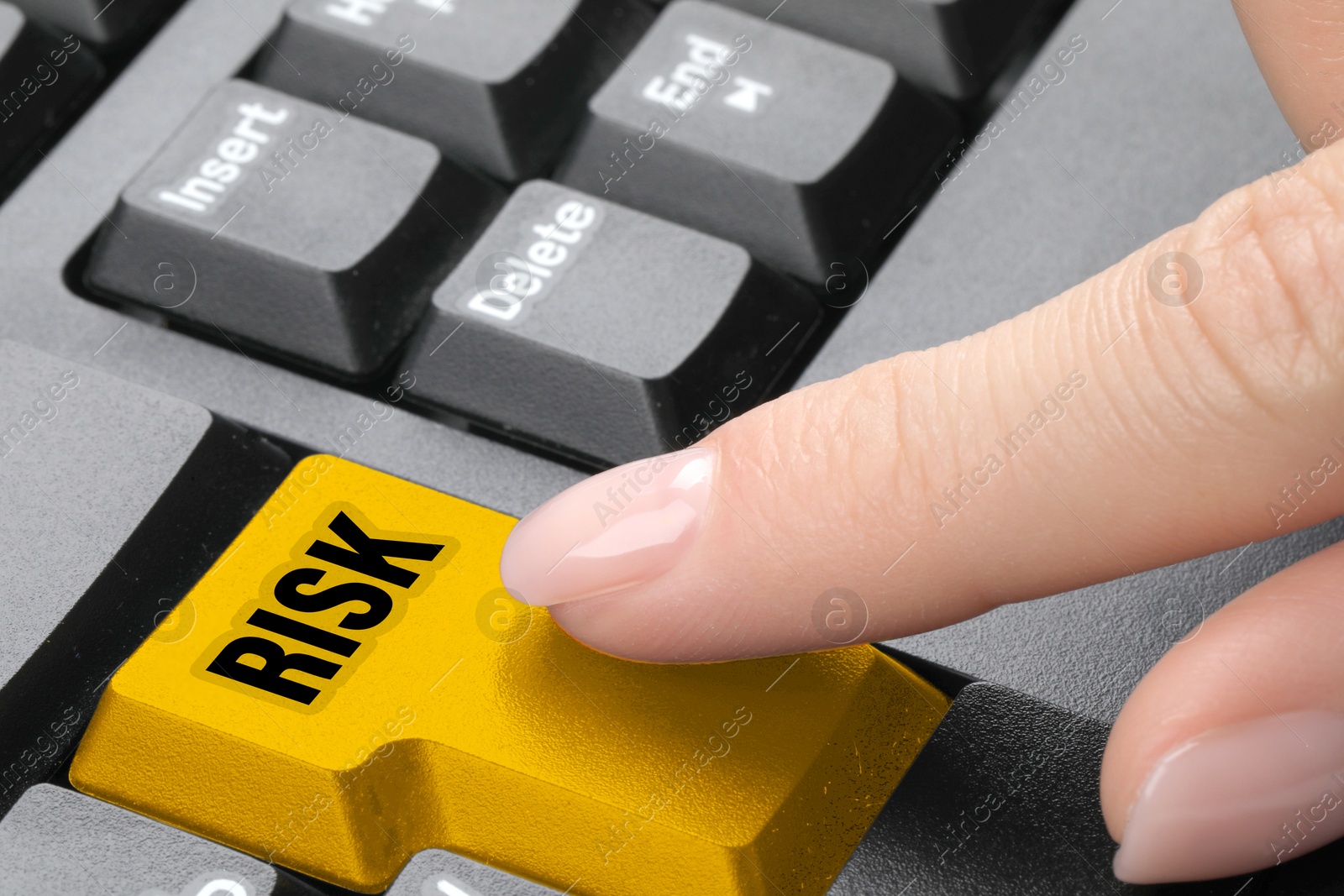 Image of Woman pressing yellow button with word Risk on computer keyboard, closeup