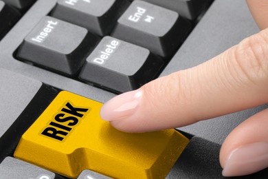 Image of Woman pressing yellow button with word Risk on computer keyboard, closeup