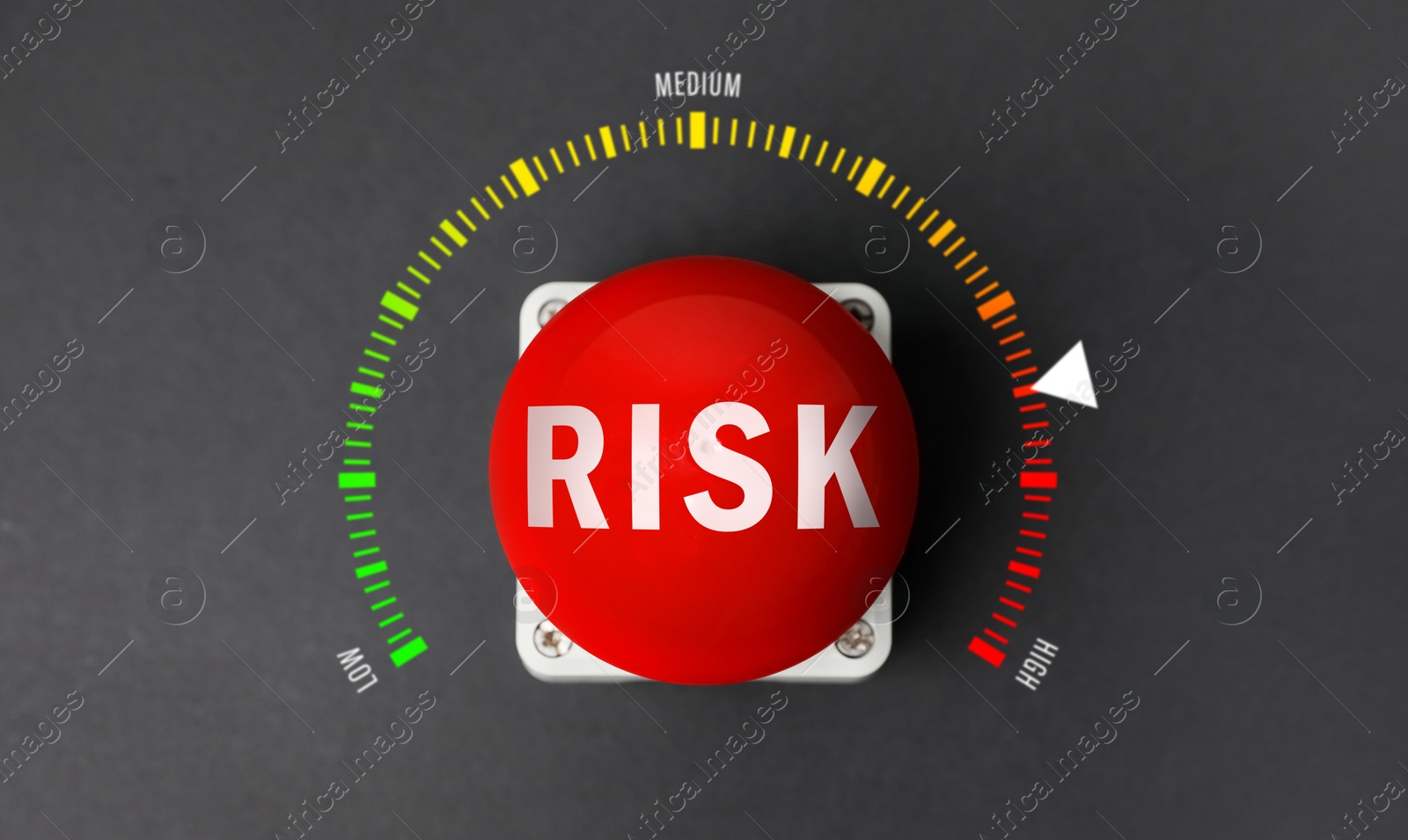 Image of Red button with word Risk and scale from low to high on grey background, top view