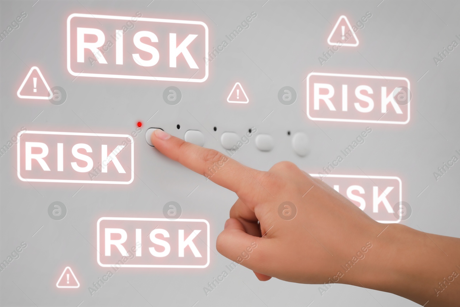 Image of Woman pressing button, words Risk and warning signs