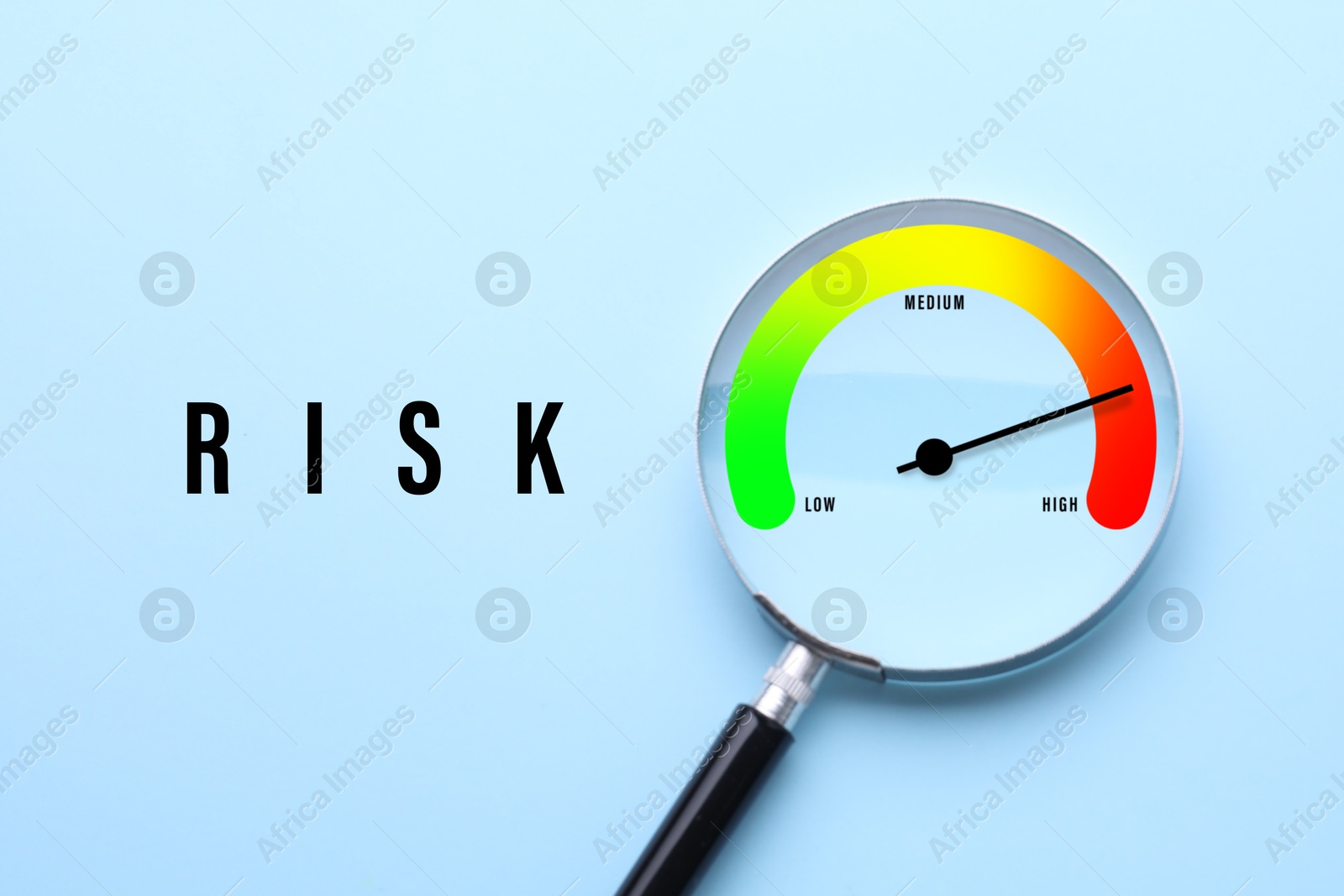 Image of Risk word and magnifying glass with scale inside on light blue background, top view