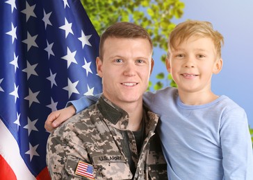 Image of Military man and his son outdoors against national flag of USA