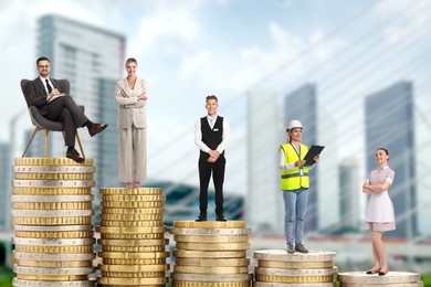 Image of People of various professions standing on different stacks of coins according to their salaries against blurred cityscape. Concept of rich, wealth