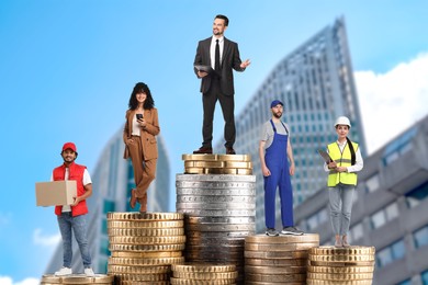 Image of People of various professions standing on different stacks of coins according to their salaries against blurred buildings. Concept of rich, wealth